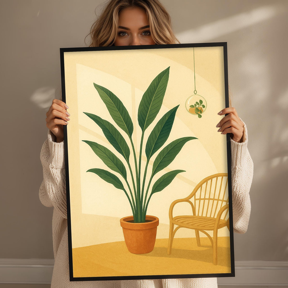 A woman holds up a framed illustration of a potted plant and a wooden chair, with a plant hanging from the ceiling in the background.
