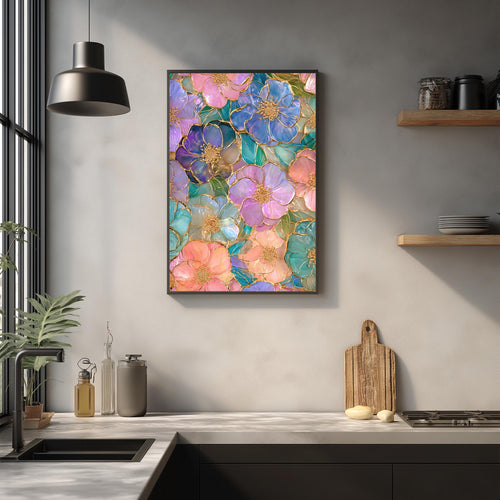 a kitchen counter with a framed colorful floral print hanging above it, a wooden cutting board, and various kitchen accessories such as a soap dispenser and a small vase.