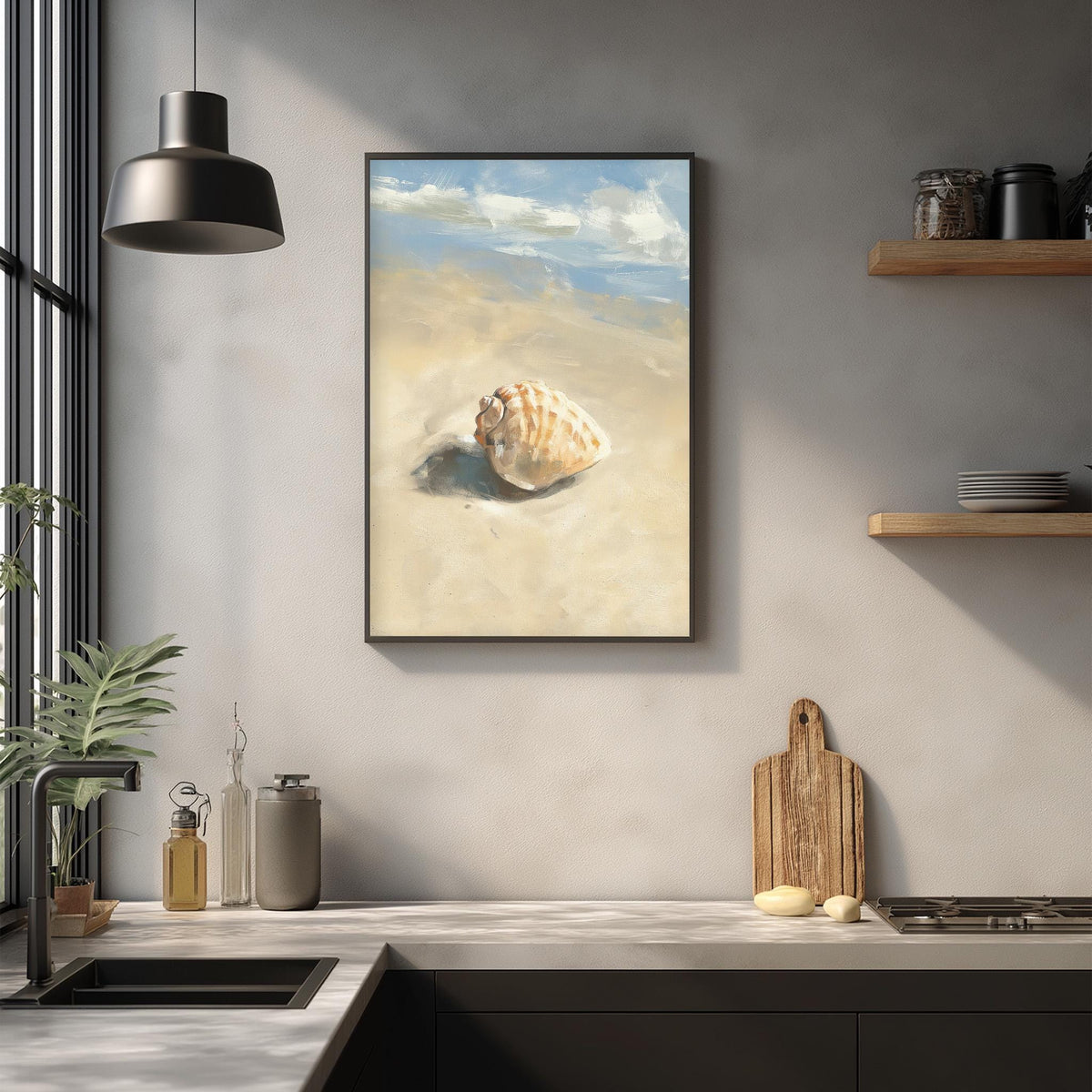 a framed painting of a shell on a wall, with a kitchen counter and various kitchen items in the foreground.