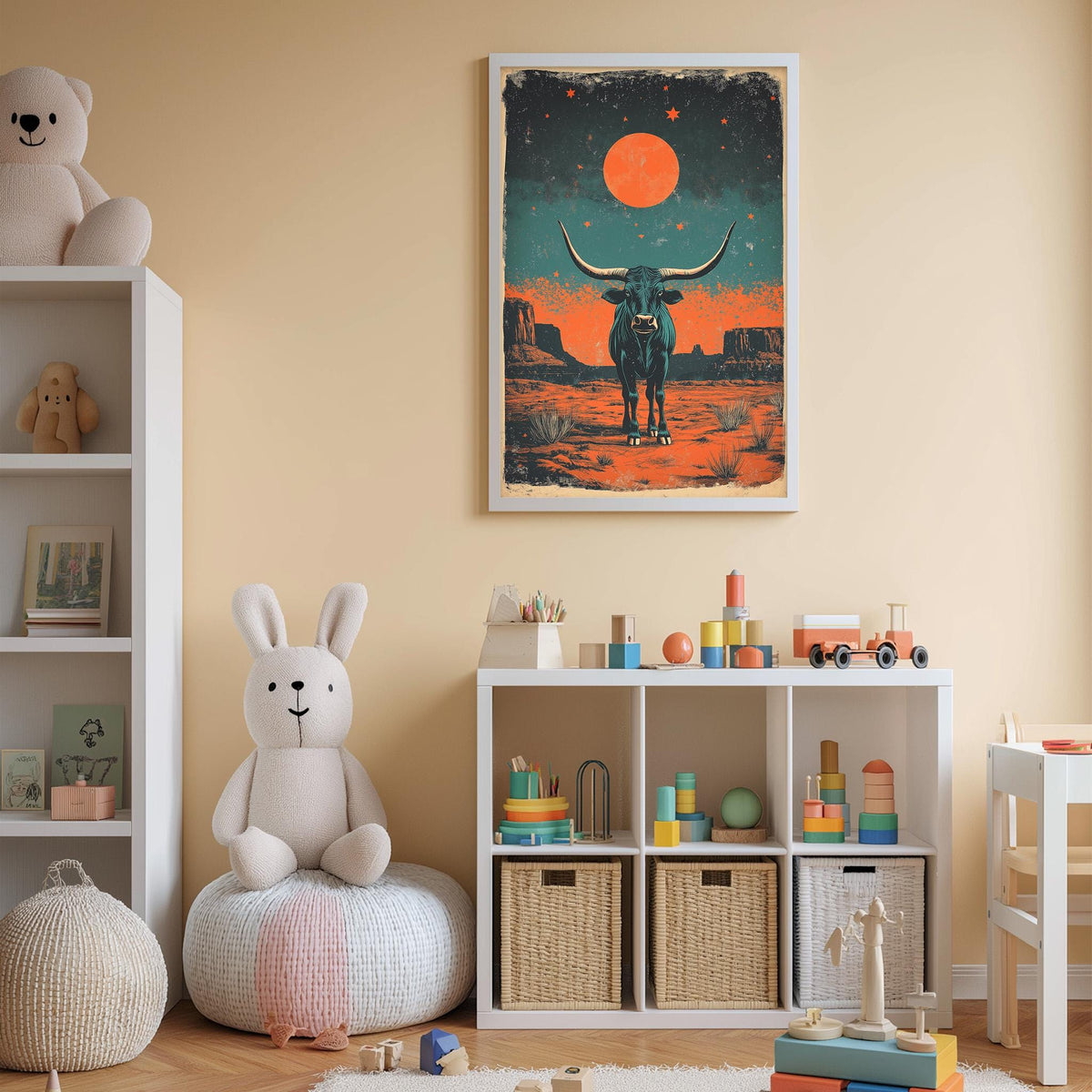 A child's bedroom with a large stuffed animal rabbit, a framed poster of a bull with a desert landscape, and a toy shelf filled with various toys.