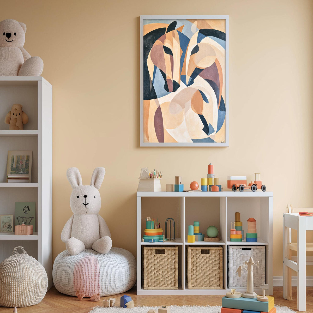 A cozy and colorful children's bedroom with a large abstract painting on the wall, a white bookshelf filled with toys, and a plush rabbit sitting on a bean bag chair.