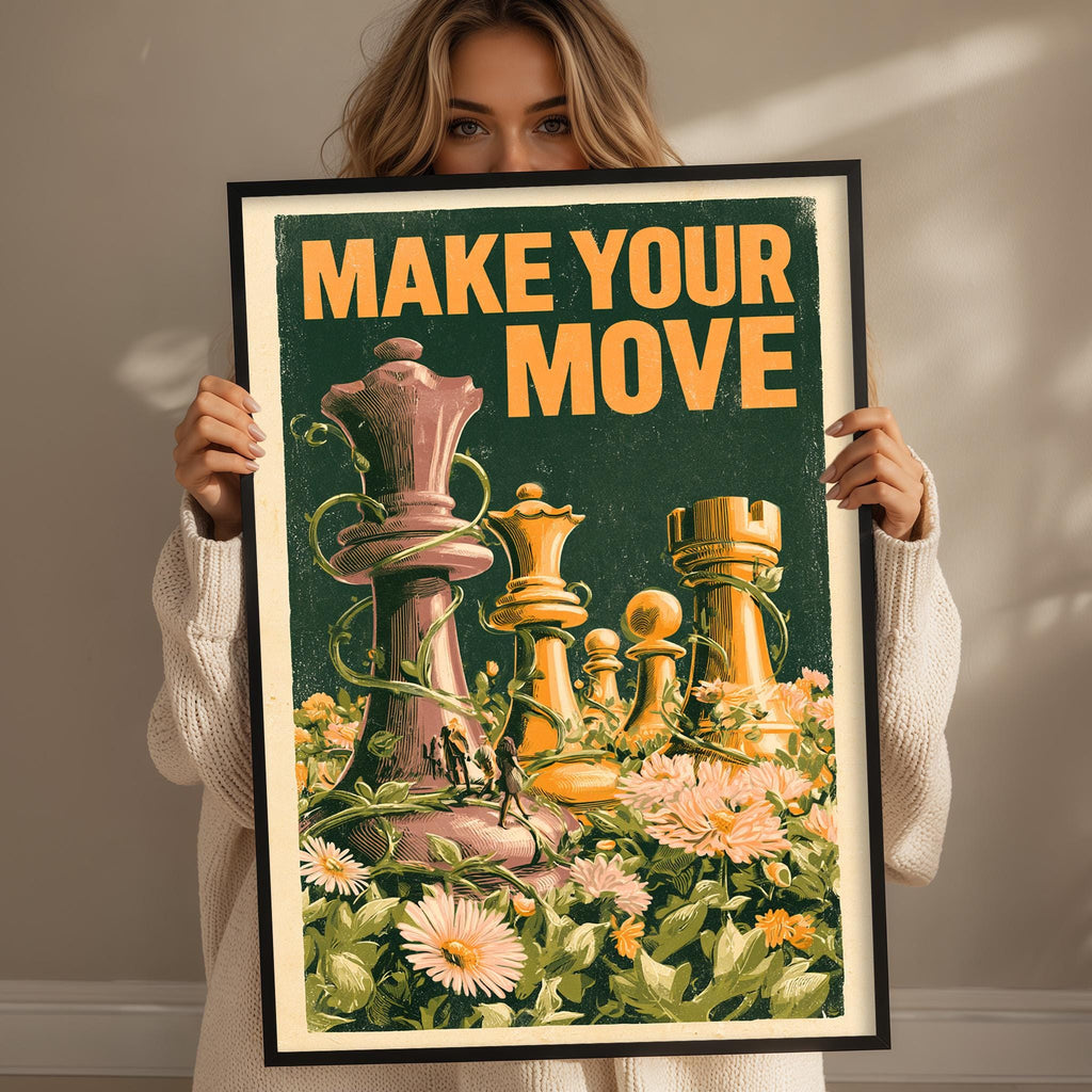 A woman is holding up a framed poster with a chessboard and flowers in the background.