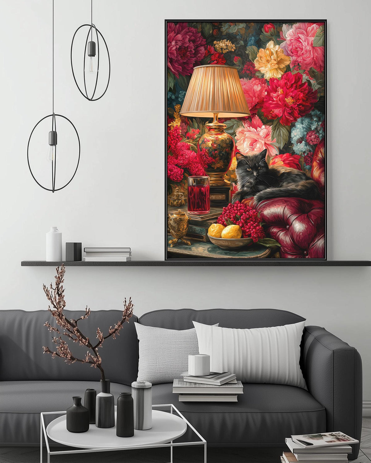 a large, colorful painting of a cat sitting on a table surrounded by various objects, including a lamp, vases, and books, all set against a backdrop of flowers.