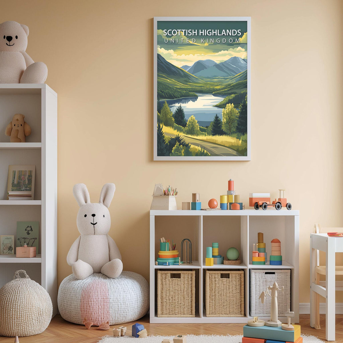 a child's bedroom with a large poster of the Scottish Highlands United Kingdom hanging on the wall, a white bookshelf filled with toys, and a stuffed rabbit sitting on a bean bag chair.