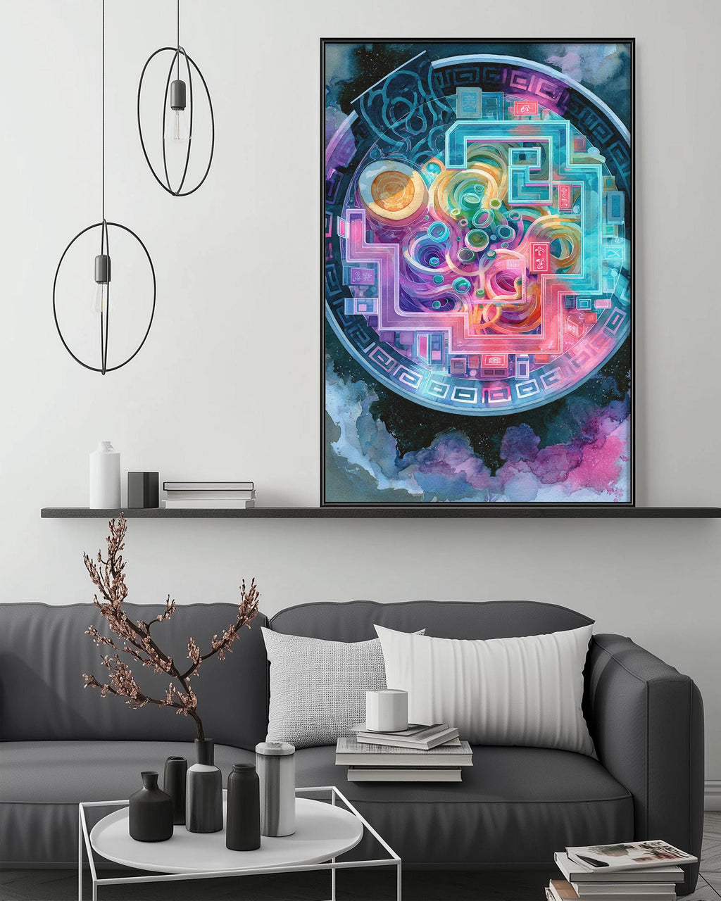 a modern living room with a gray sofa, a coffee table, and a large abstract painting hanging on the wall above the sofa.