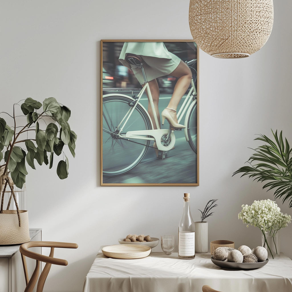 a framed photograph of a woman riding a bicycle, with a dining table and chairs in the foreground.