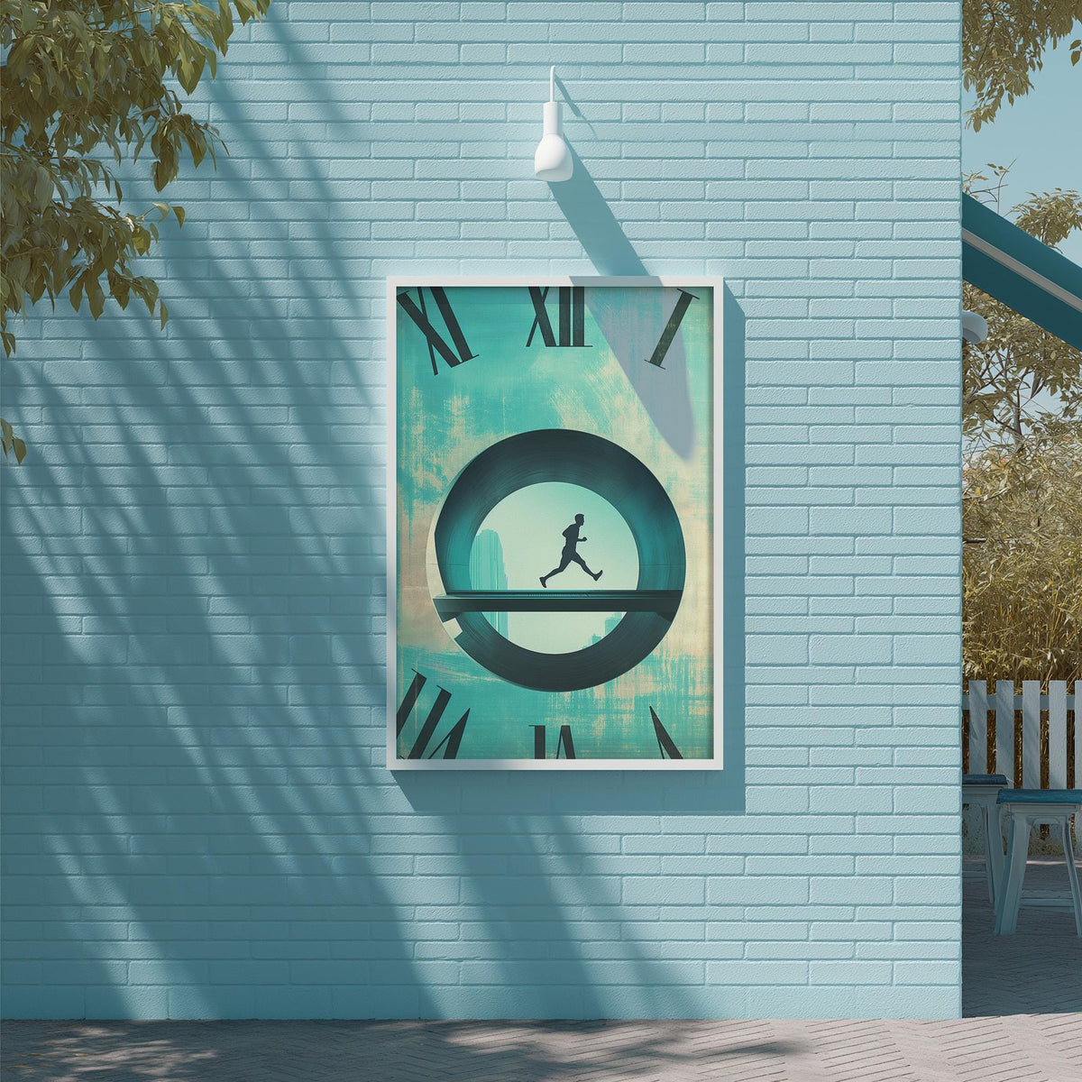 a clock with a silhouette of a person running on a bridge, set against a blue wall with a white light fixture above it.