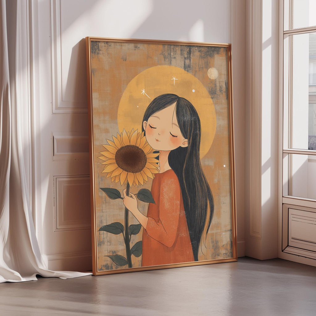 a framed illustration of a young girl holding a sunflower.