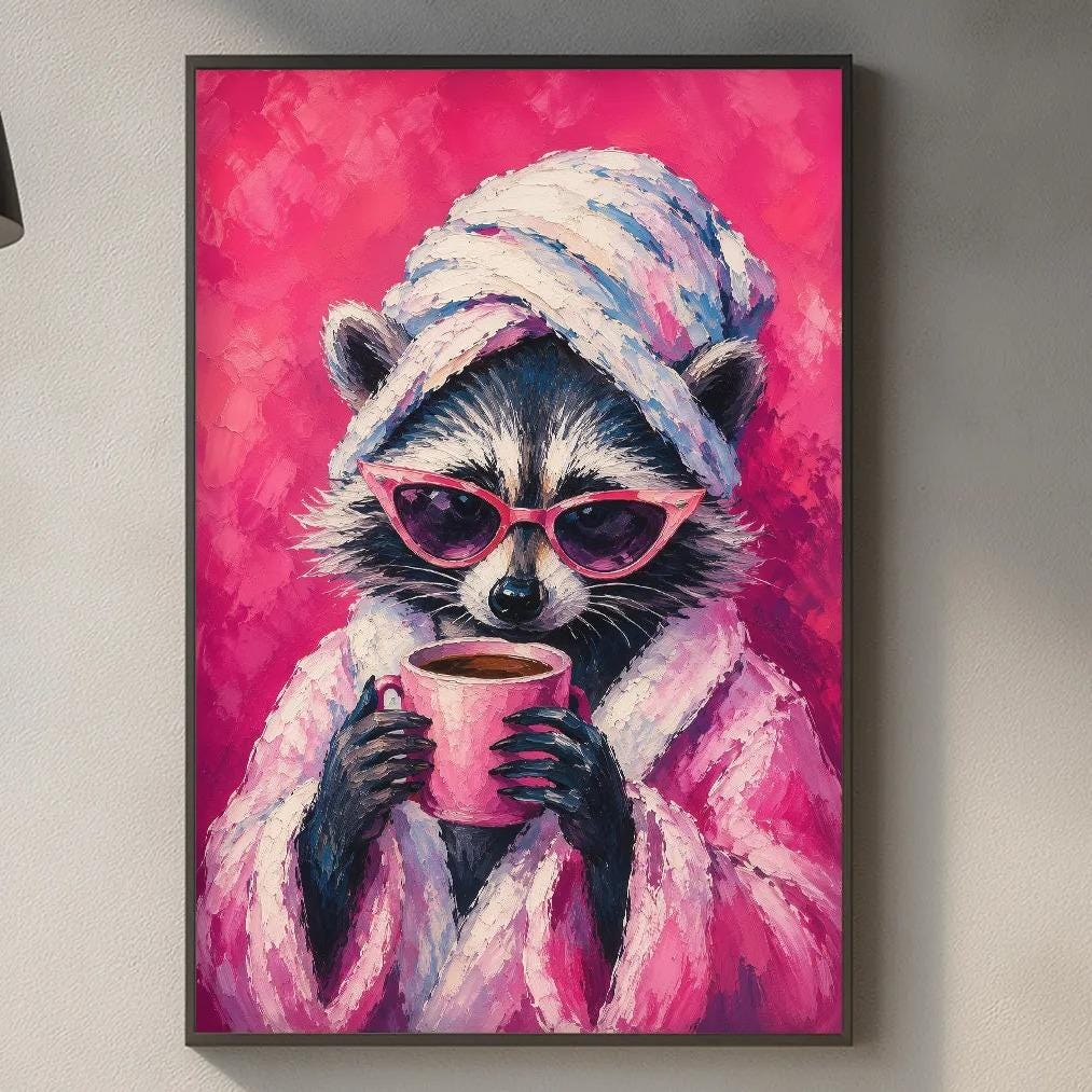 a raccoon wearing a pink bathrobe and sunglasses, holding a pink mug, and standing in a kitchen setting with various kitchen items and decor.
