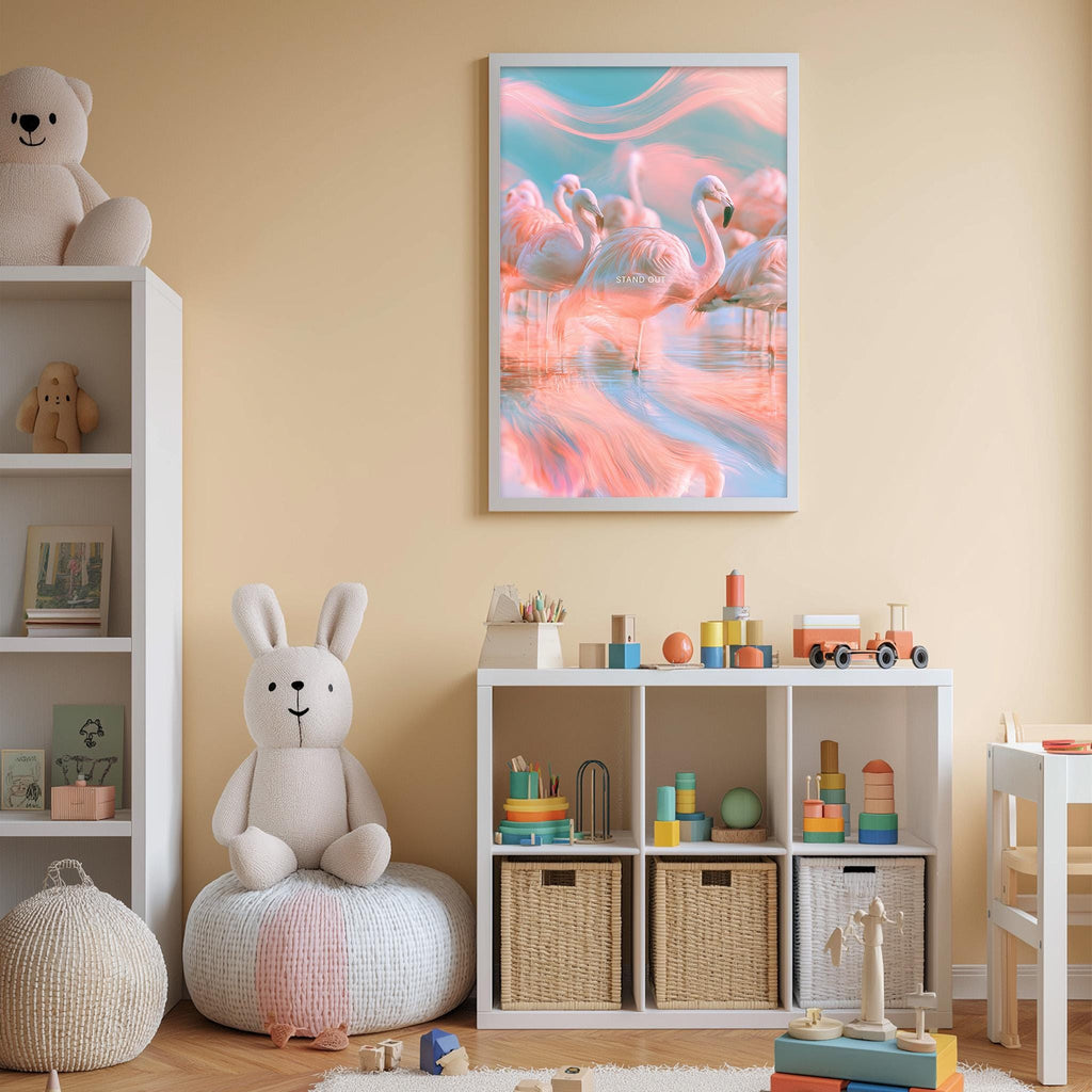 A child's bedroom with a large stuffed bunny, a bookshelf, a toy chest, and a framed picture of flamingos on the wall.