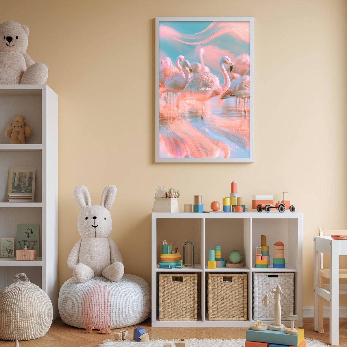 A child's bedroom with a large stuffed bunny, a bookshelf, a toy chest, and a framed picture of flamingos on the wall.