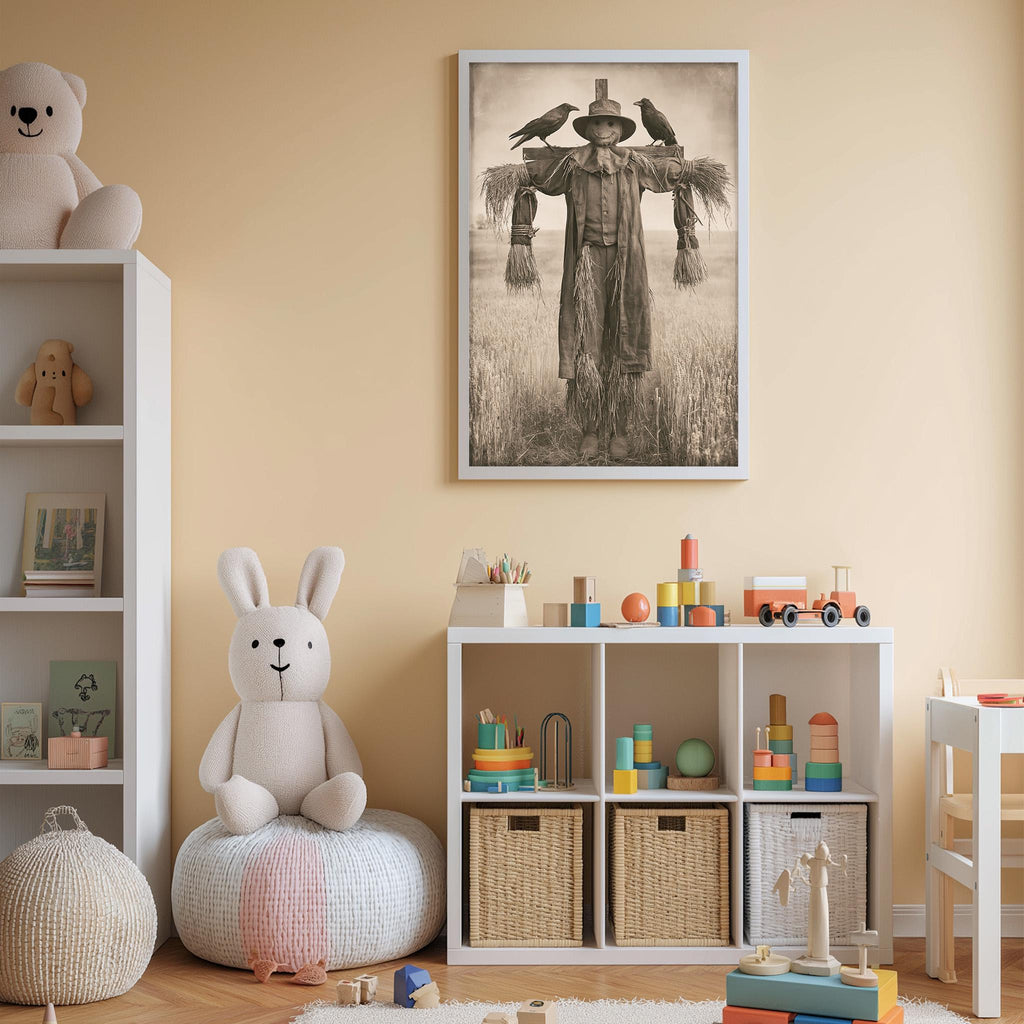 A cozy children's room with a stuffed rabbit, a bookshelf, and a framed picture of a scarecrow.