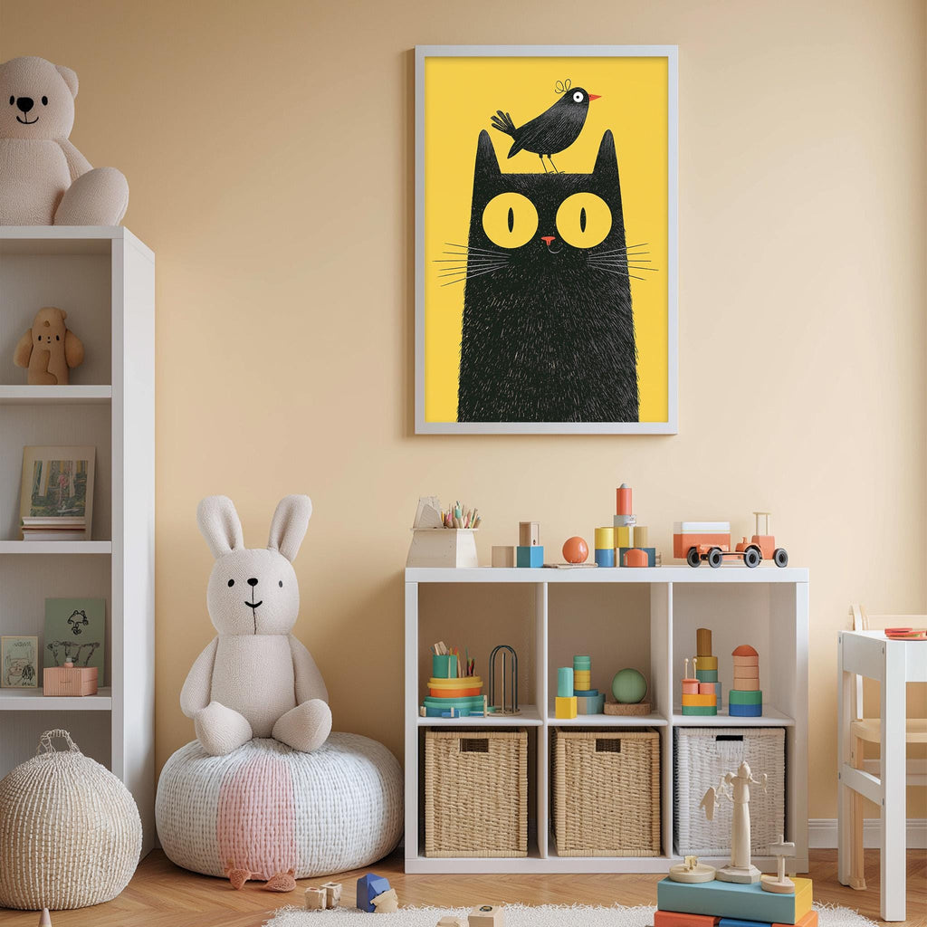 A child's bedroom with a white bookshelf, a stuffed rabbit, a stuffed cat, and a colorful toy box filled with toys. A framed picture of a cat with a bird on its head is hanging on the wall above the bookshelf.