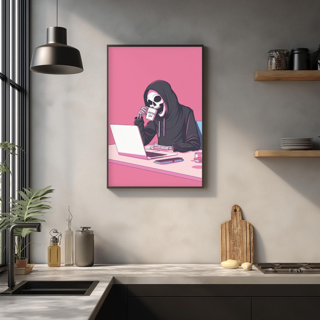 a framed illustration of a skeleton sitting at a laptop, with a pink background and a black hooded jacket.