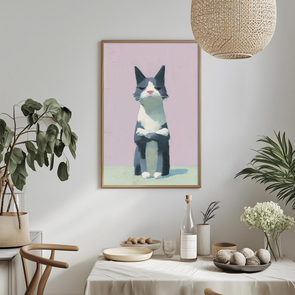a framed painting of a cat sitting on a pink background, hanging on a wall above a dining table with various decorative items and plants.