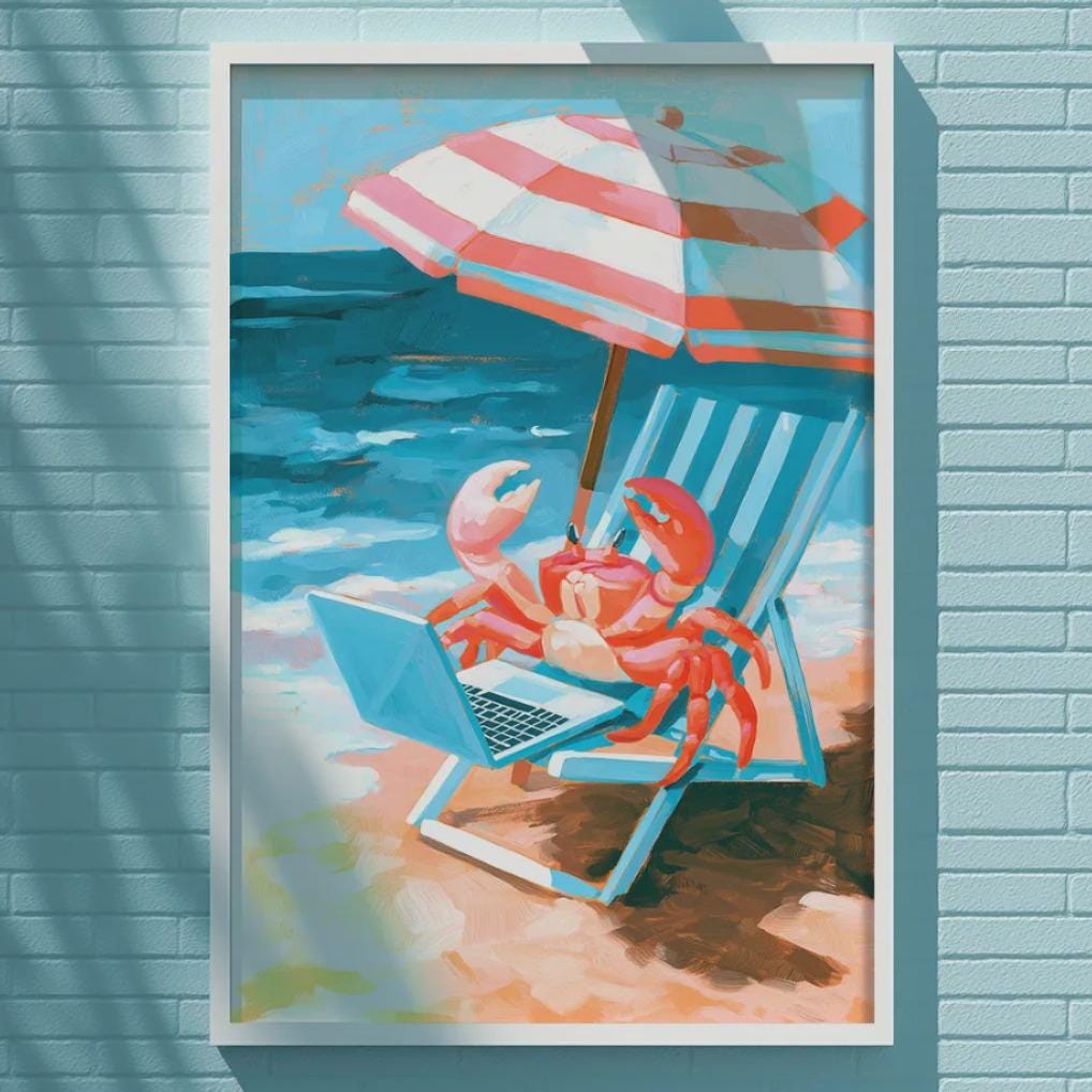 A framed painting of a crab sitting in a beach chair under an umbrella is displayed on a blue brick wall.