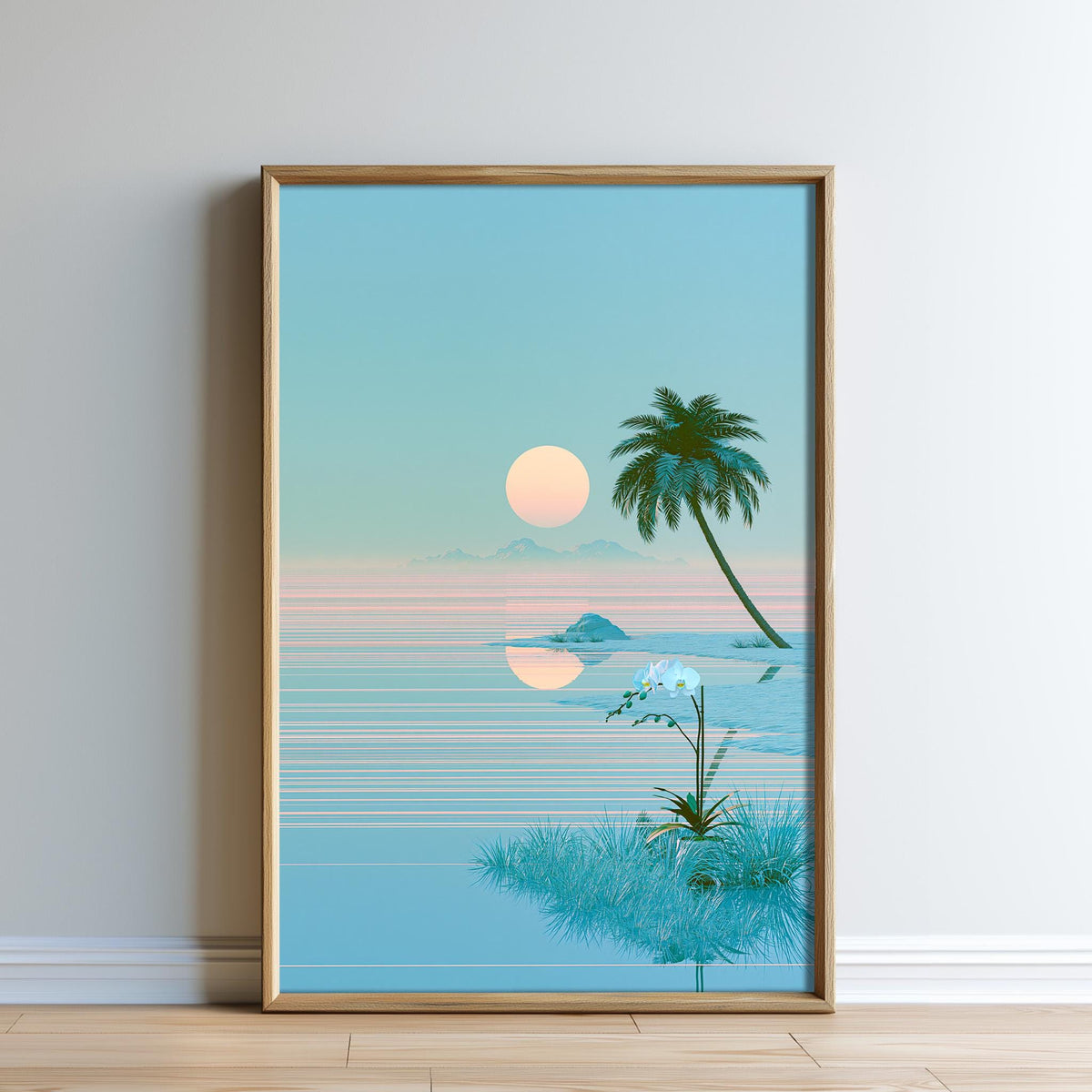The image is a framed print depicting a serene tropical beach scene with a palm tree, a small island, and a sunset over the ocean.