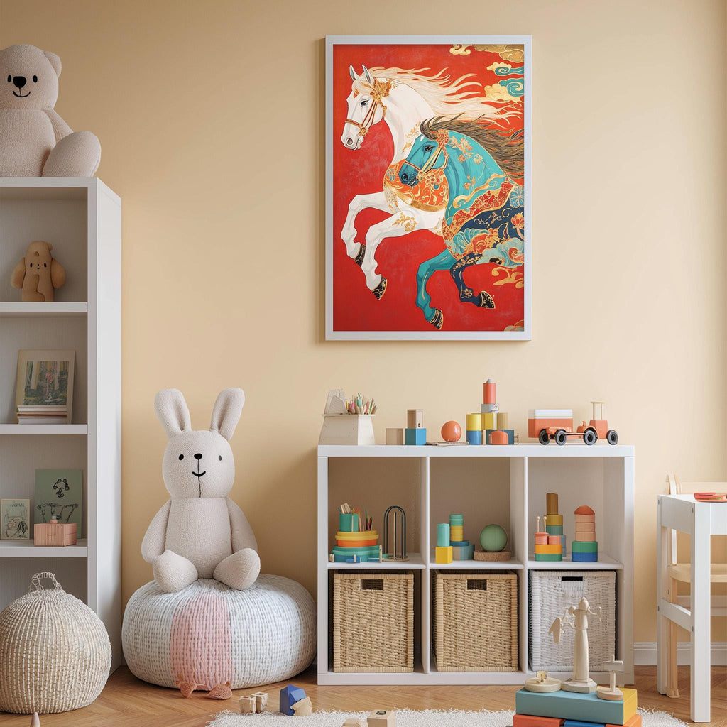 A child's bedroom with a white bookshelf, a stuffed rabbit, a colorful painting of horses, and various toys and storage bins.