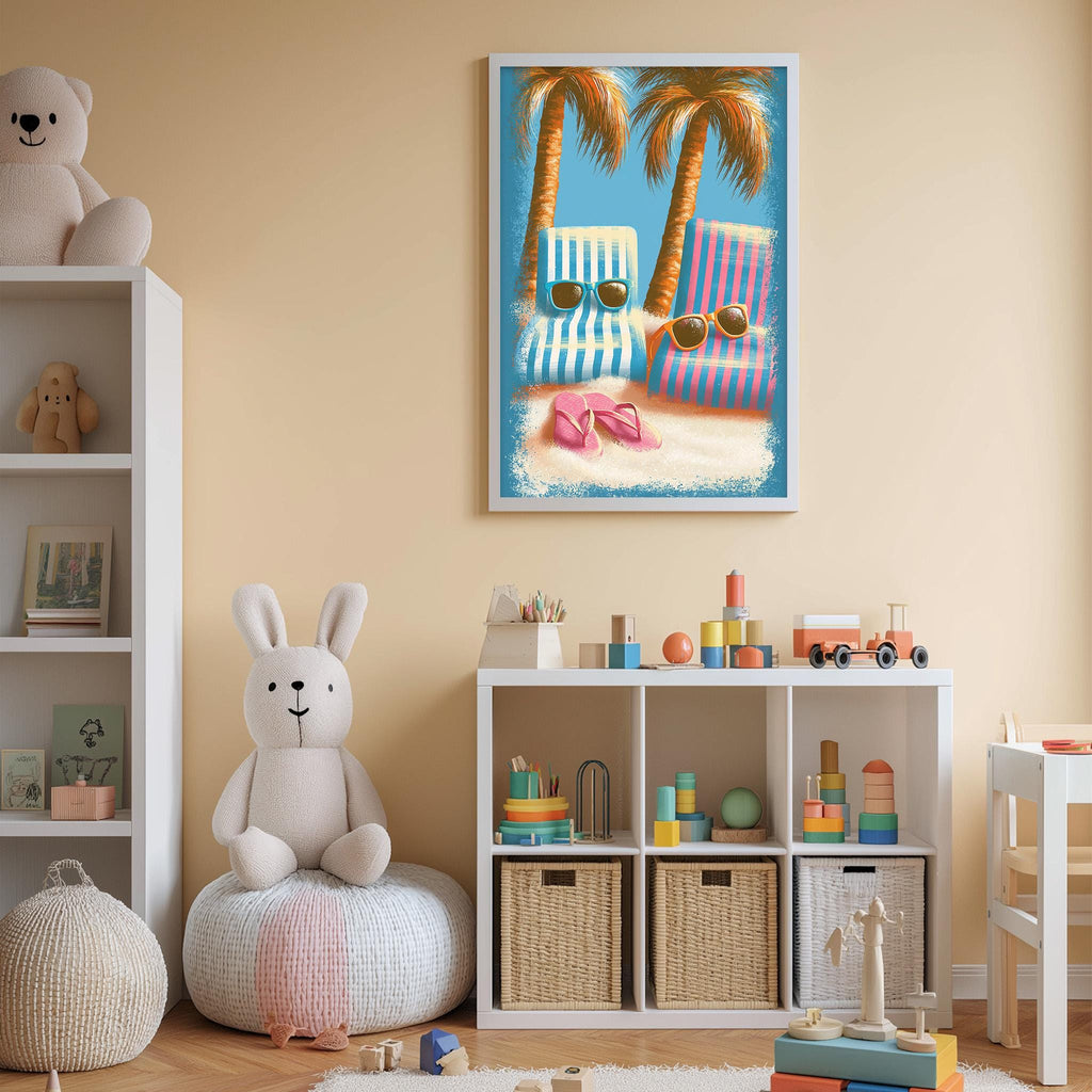 A child's bedroom with a large stuffed bunny, a bookshelf, a toy chest, and a framed picture of a beach scene with palm trees and beach chairs.