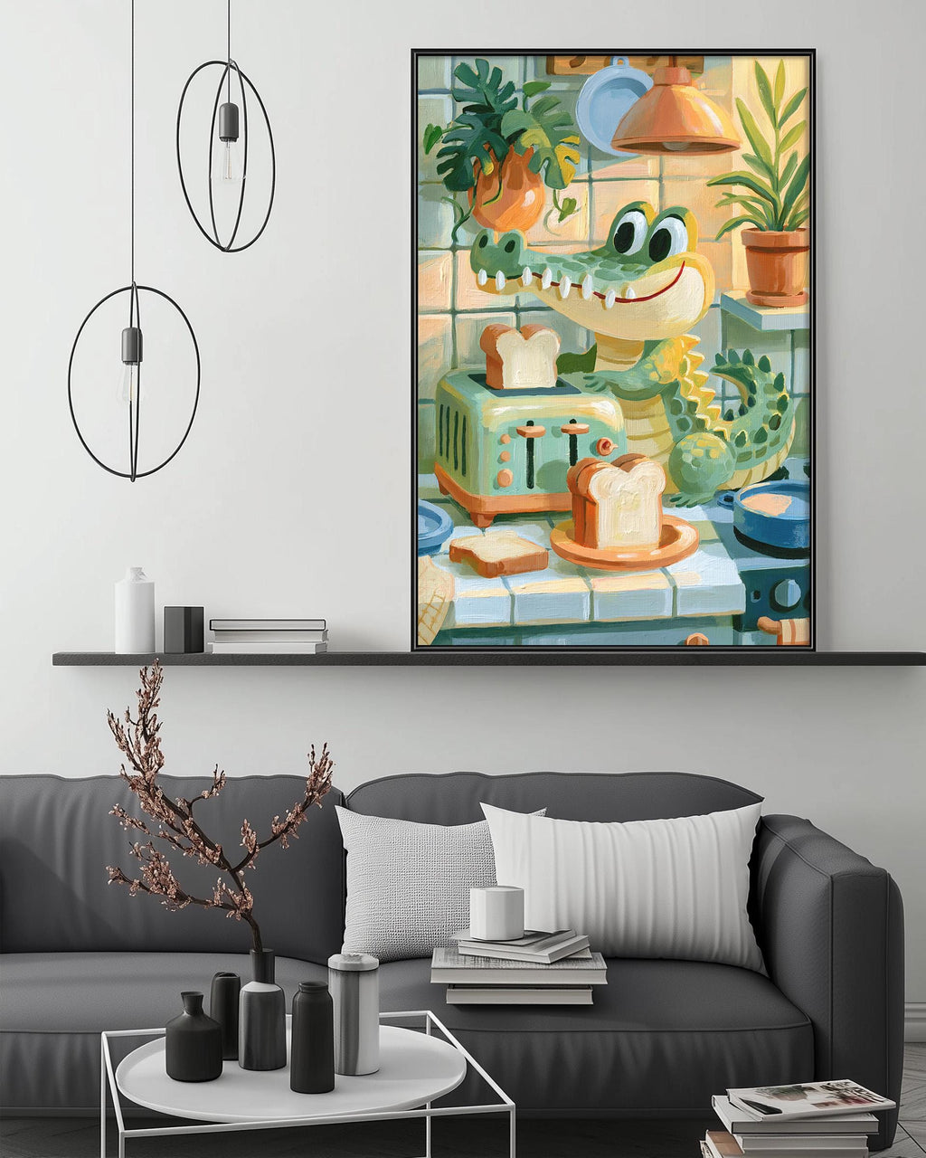 a cozy living room with a gray couch, a coffee table, and a large framed painting of a cartoon alligator on the wall. The painting depicts the alligator sitting on a toaster and holding a slice of bread. The room also includes a potted plant, a vase, and some books, creating a warm and inviting atmosphere.