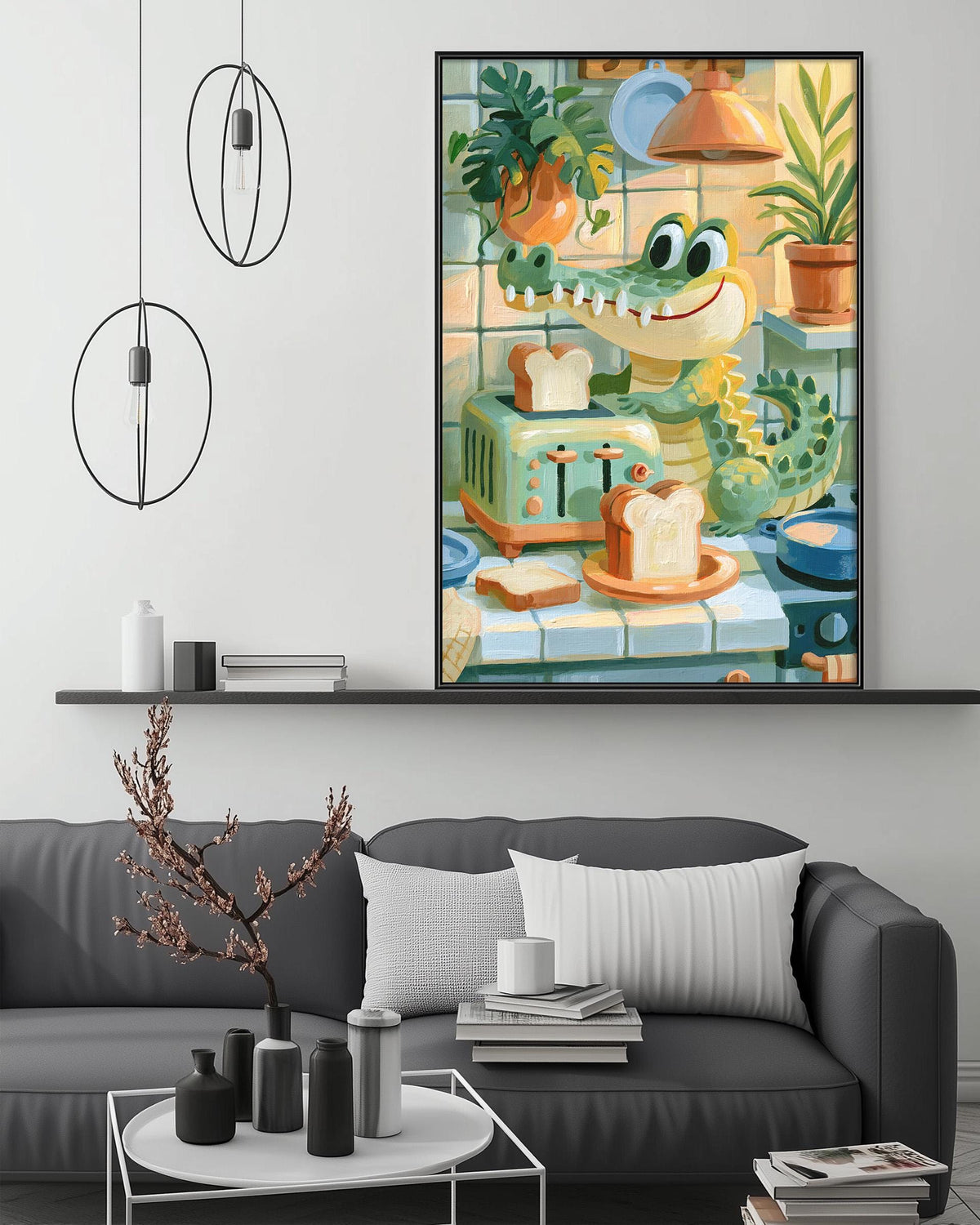 a cozy living room with a gray couch, a coffee table, and a large framed painting of a cartoon alligator on the wall. The painting depicts the alligator sitting on a toaster and holding a slice of bread. The room also includes a potted plant, a vase, and some books, creating a warm and inviting atmosphere.