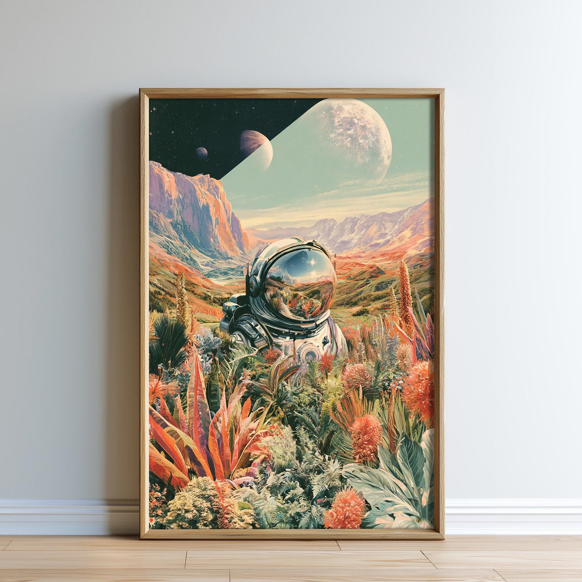 The image is a framed artwork depicting an astronaut in a space suit standing amidst a vibrant, colorful landscape with plants and flowers, set against a backdrop of a distant planet.
