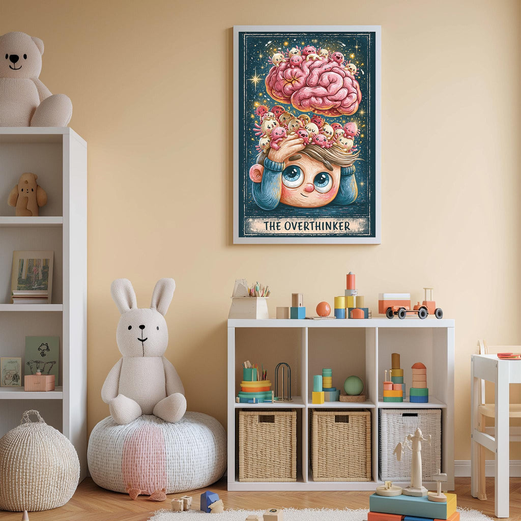 a child's bedroom with a large poster of a cartoon character with a brain on the wall, a white bookshelf filled with toys, and a white bean bag chair.