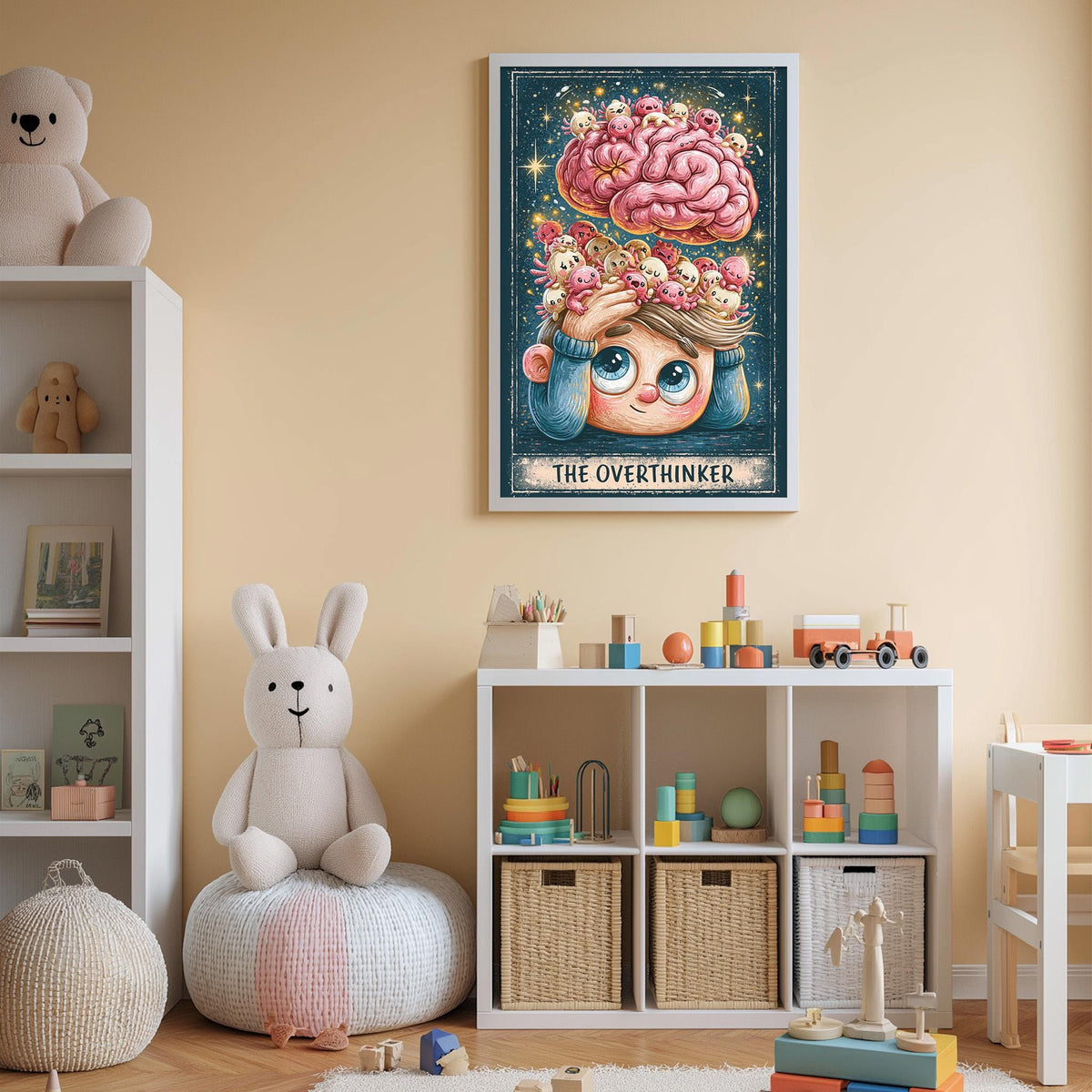 a child's bedroom with a large poster of a cartoon character with a brain on the wall, a white bookshelf filled with toys, and a white bean bag chair.