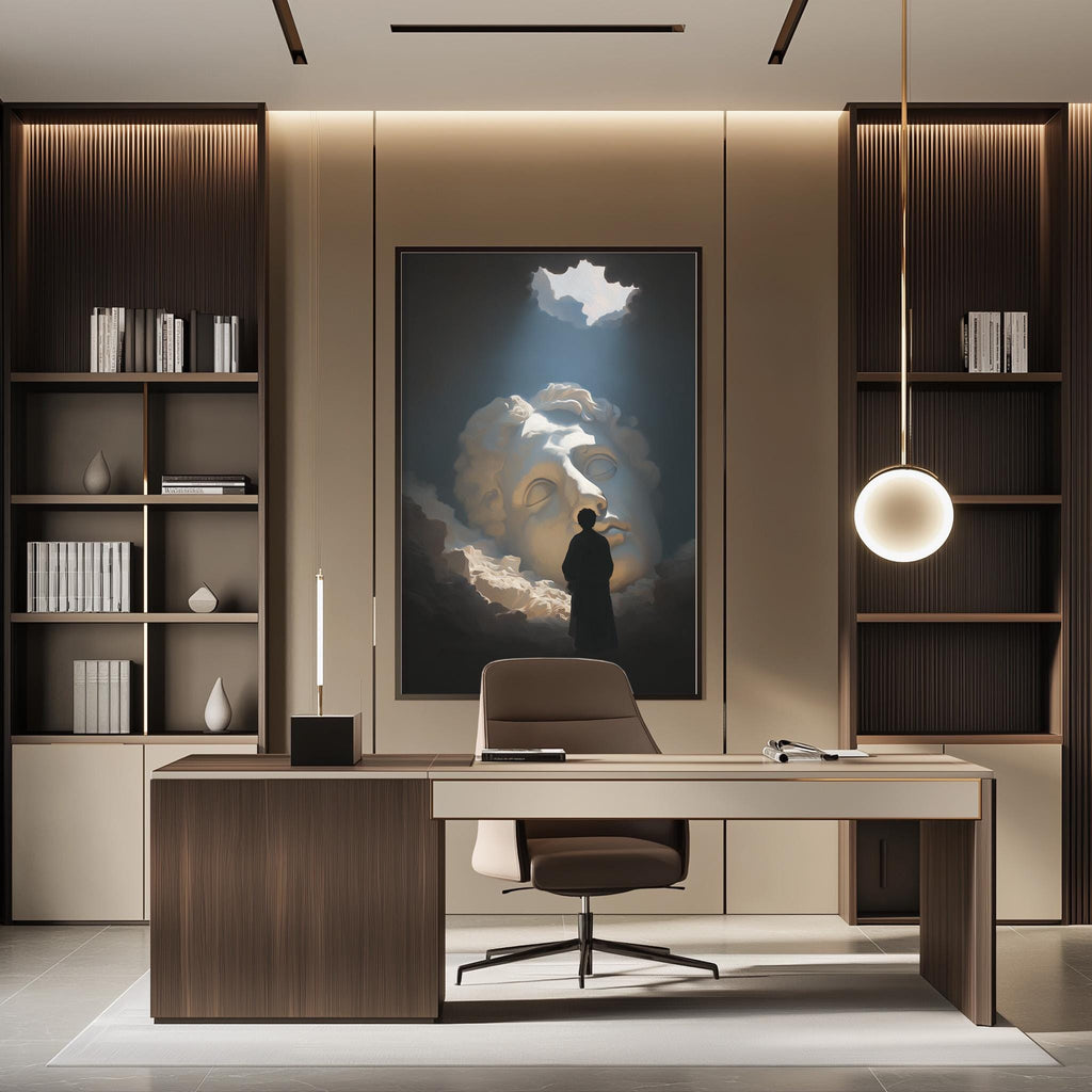 a modern and minimalist office space with a large painting of a person's face on the wall, a wooden desk with a chair, and built-in bookshelves.