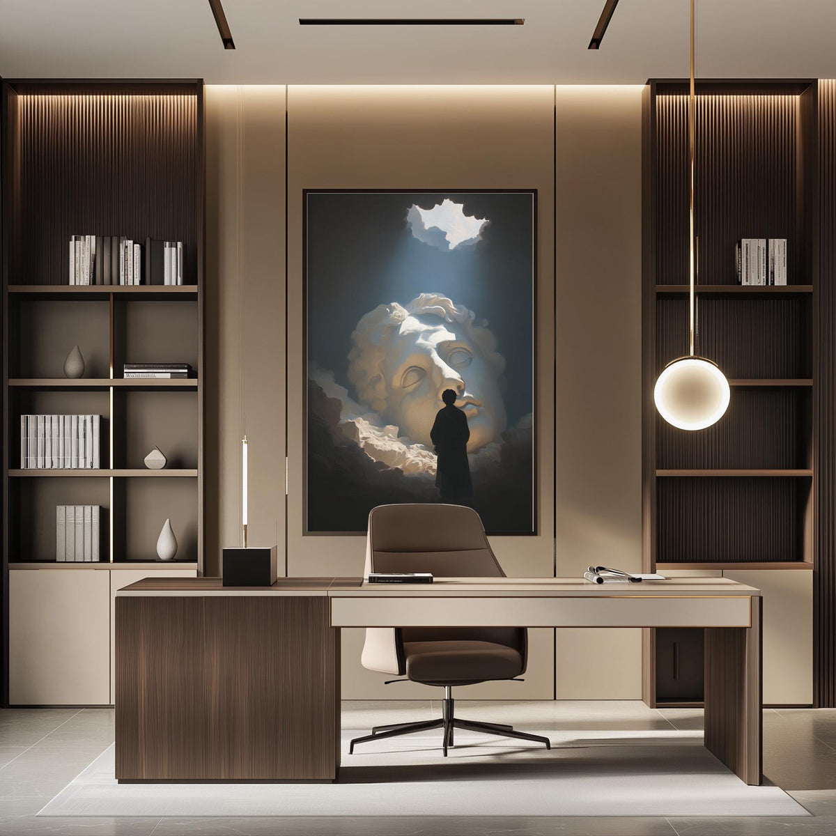 a modern and minimalist office space with a large painting of a person's face on the wall, a wooden desk with a chair, and built-in bookshelves.