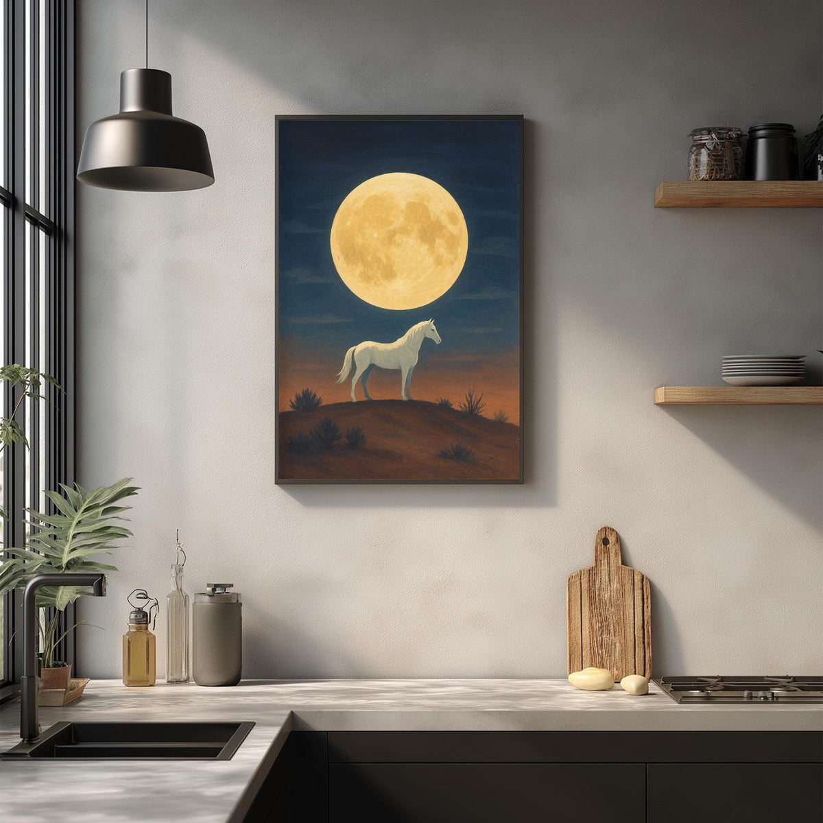 a large painting of a white horse standing on a hill under a large, bright moon in a desert landscape.