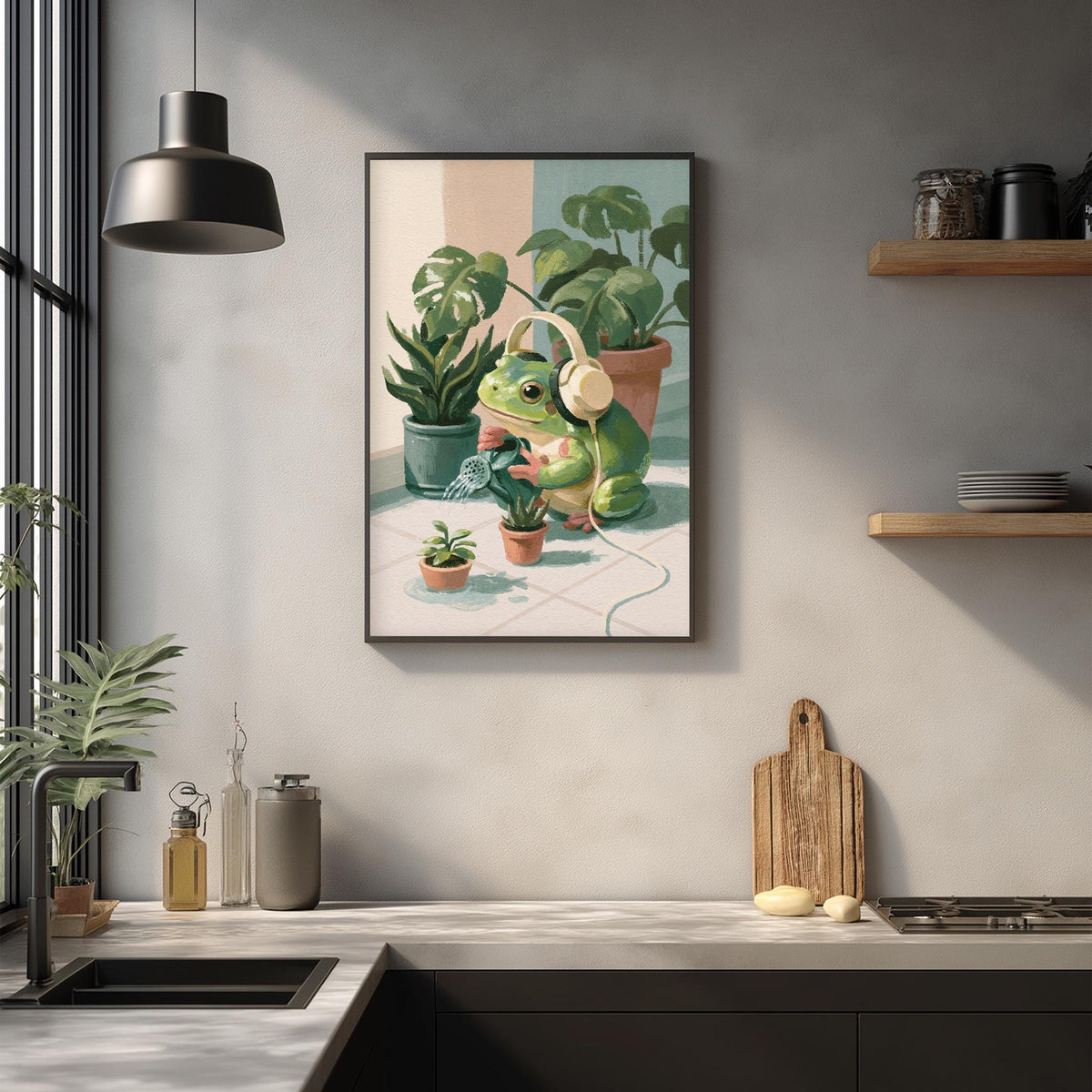a framed painting of a frog wearing headphones, surrounded by potted plants, on a wall in a kitchen setting.