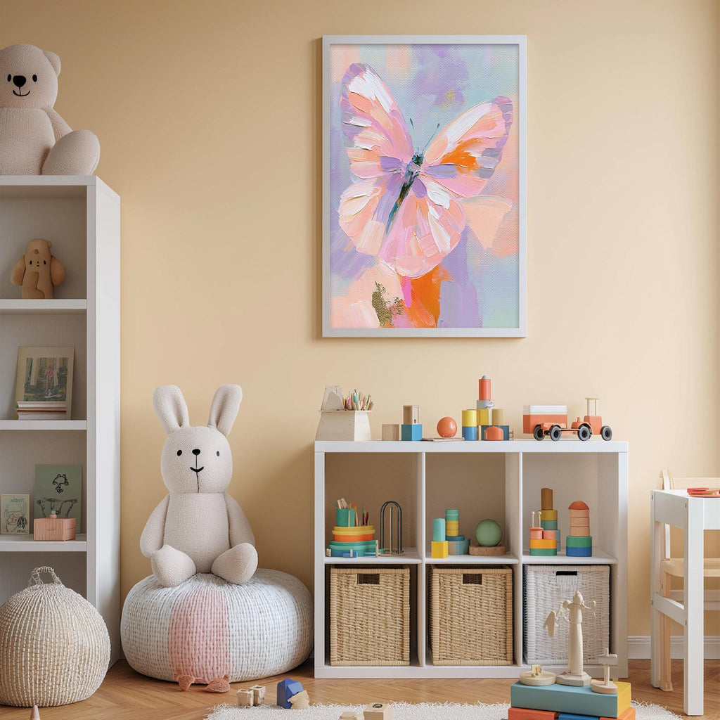 A child's bedroom with a white bookshelf, a stuffed rabbit, a colorful butterfly painting, and various toys and storage bins.