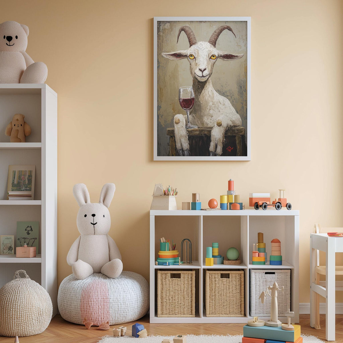 a cozy and playful children's room, featuring a white rabbit sitting on a bean bag chair, a white shelf with toys and books, and a framed painting of a goat holding a glass of wine.