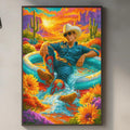 a vibrant, colorful painting of a man sitting in a pool surrounded by flowers and a sunset, hanging on a wall above a kitchen counter.