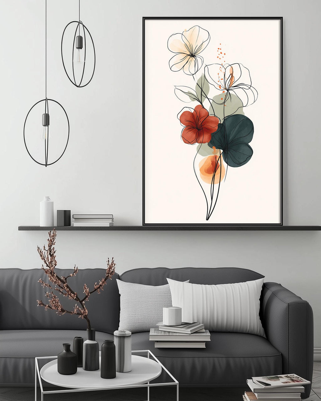 a modern living room with a gray sofa, a coffee table, and a large framed print of flowers hanging on the wall above the sofa.