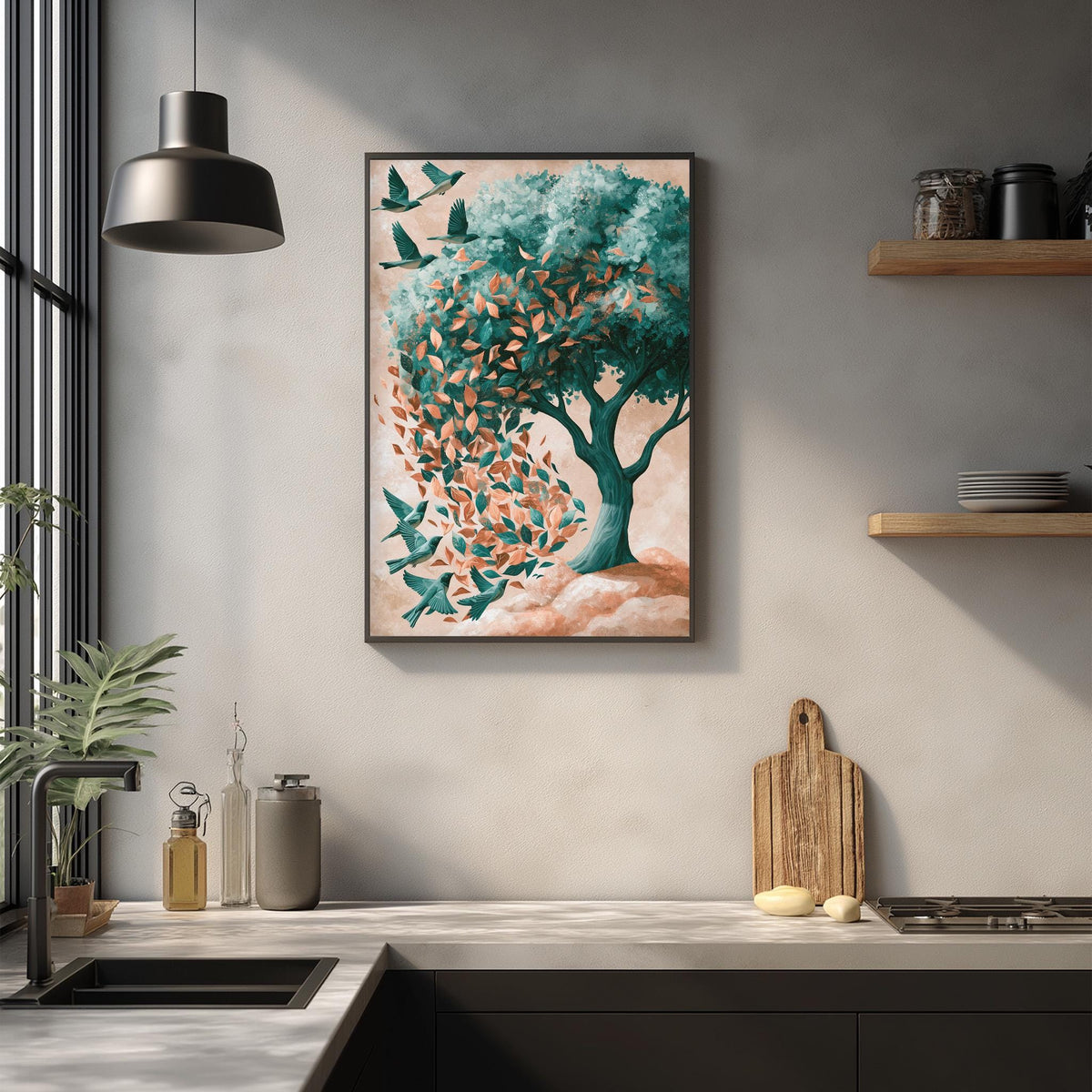 a kitchen counter with a framed painting of a tree with green leaves and birds hanging from it, as well as a wooden cutting board and various kitchen items on the counter.