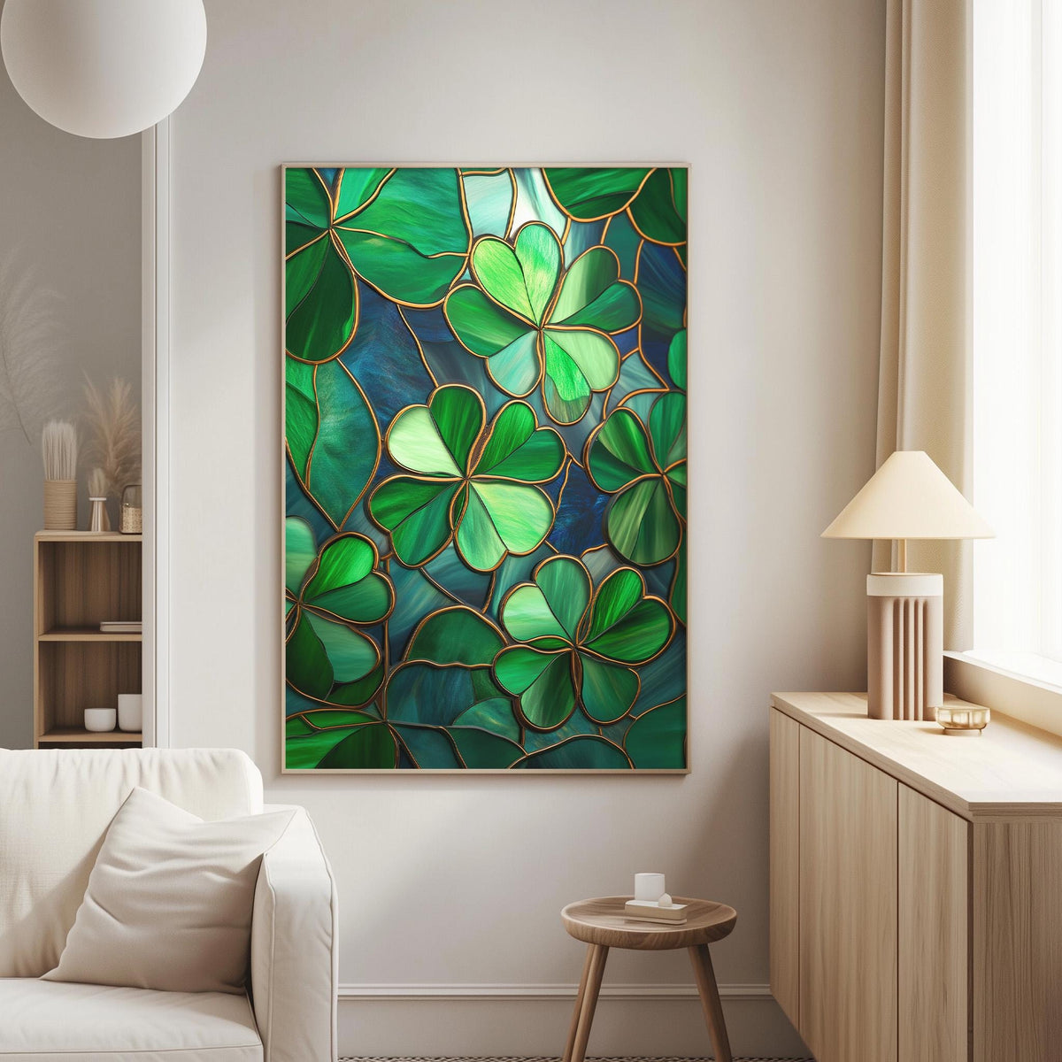 a large framed artwork of green shamrocks hanging on a wall in a living room.