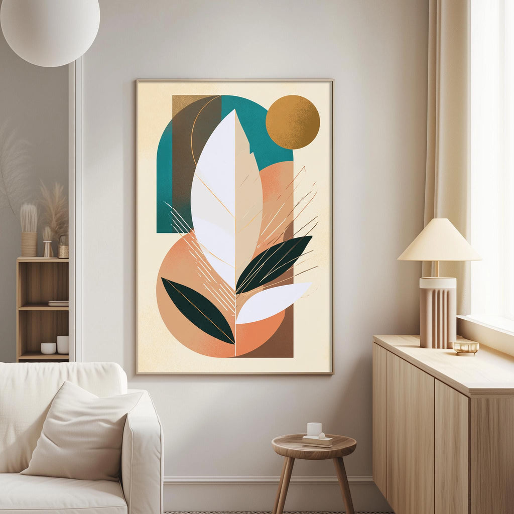 a modern living room with a large abstract painting hanging on the wall. The painting is a colorful abstract design with various shapes and colors, including shades of green, orange, and white. The room also includes a white sofa, a wooden side table, and a lamp on a wooden cabinet.