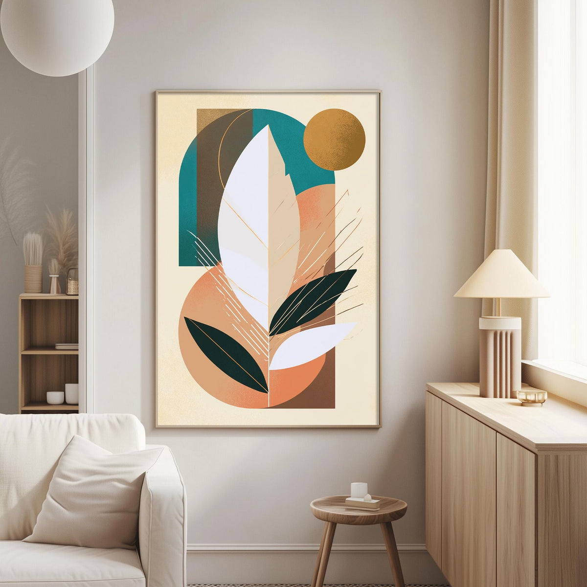 a modern living room with a large abstract painting hanging on the wall. The painting is a colorful abstract design with various shapes and colors, including shades of green, orange, and white. The room also includes a white sofa, a wooden side table, and a lamp on a wooden cabinet.