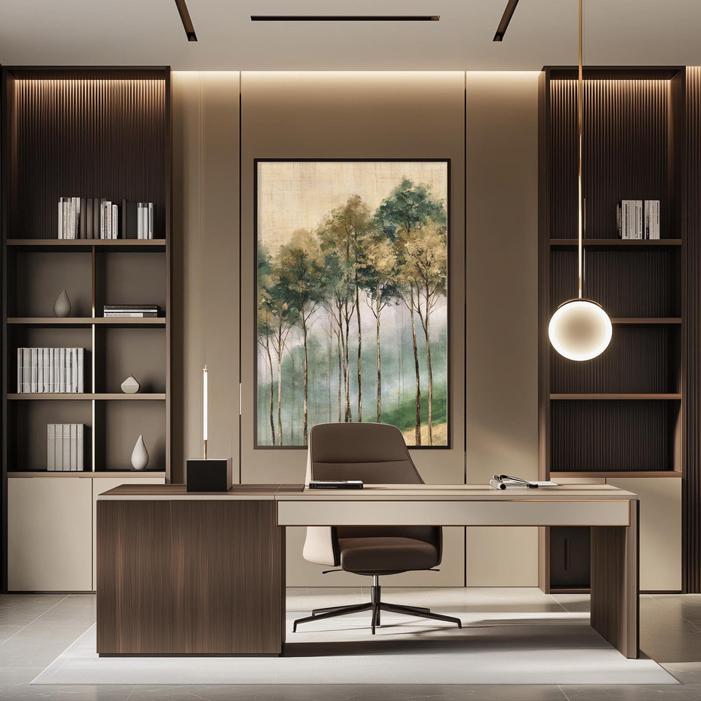 a modern and well-designed office space with a large painting of trees on the wall, a wooden desk, a comfortable-looking chair, and built-in bookshelves.