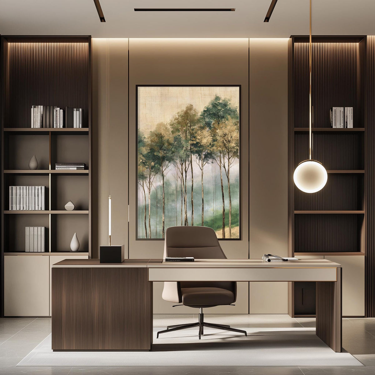 a modern and well-designed office space with a large painting of trees on the wall, a wooden desk, a comfortable-looking chair, and built-in bookshelves.