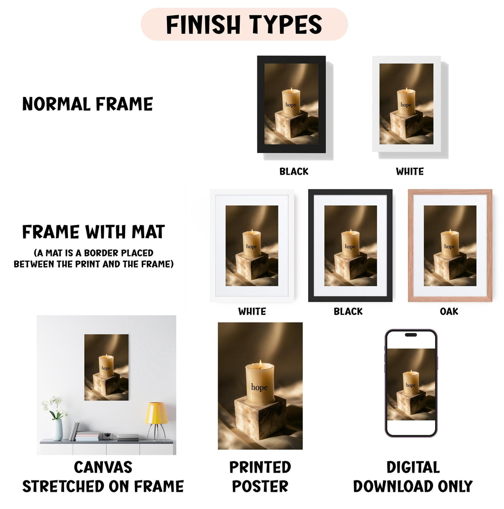 various types of artwork, including a candle in a frame, a canvas stretched on a frame, a framed poster, and a digital poster. The artwork is presented in different frame colors and styles, such as normal frame, black frame, white frame, black frame, and oak frame. The artwork is described as a "FINISH TYPES" collage, which suggests that it is a collection of different artworks or images that have been combined to create a single piece.