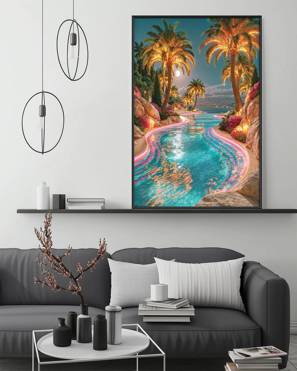a large, colorful painting of a tropical pool scene hanging on a wall above a gray couch in a living room setting.