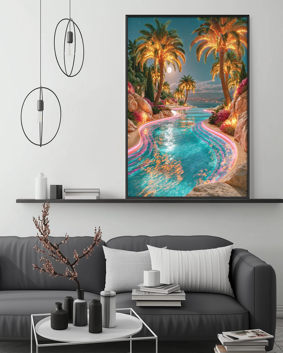 a large, colorful painting of a tropical pool scene hanging on a wall above a gray couch in a living room setting.