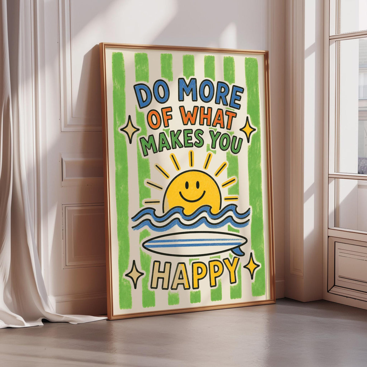 a framed poster with a cheerful design, including a sun, waves, and a surfboard. The poster has a motivational message that reads "Do more of what makes you happy".
