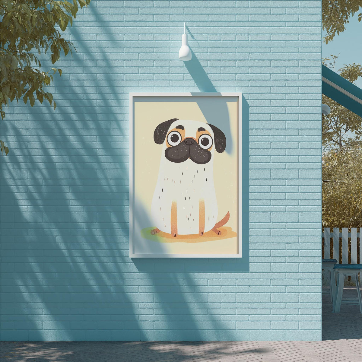 A framed illustration of a pug dog is displayed on a light blue brick wall.