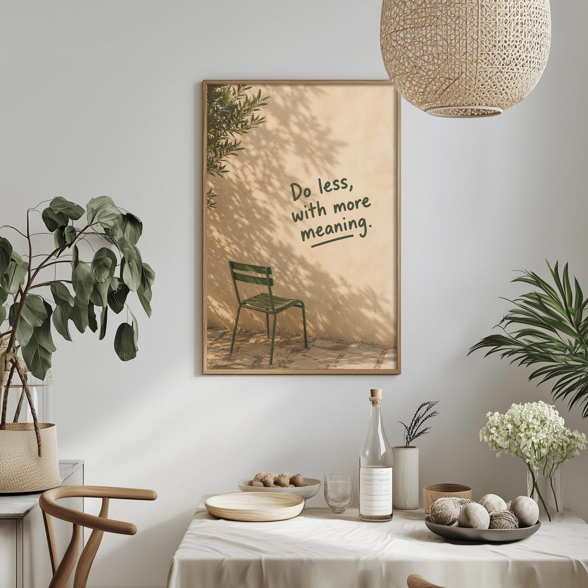 a dining table with a bowl of fruit, a bottle, and a vase of flowers, along with a framed picture of a chair and a plant hanging above the table.