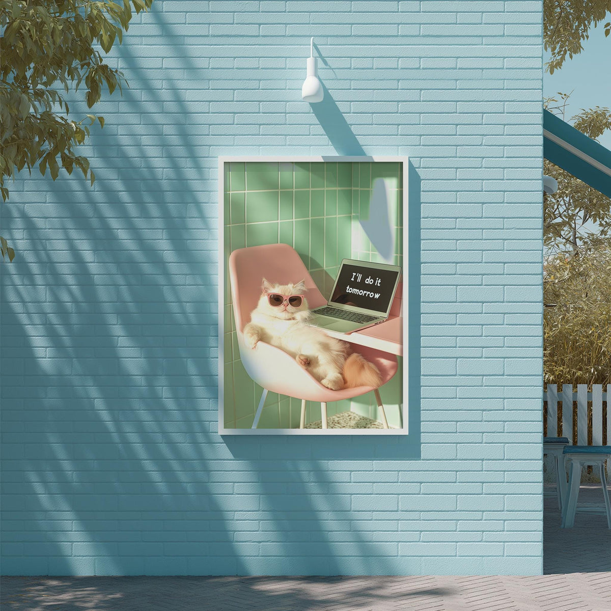 A poster of a cat sitting in a chair with a laptop on its lap, against a blue wall.
