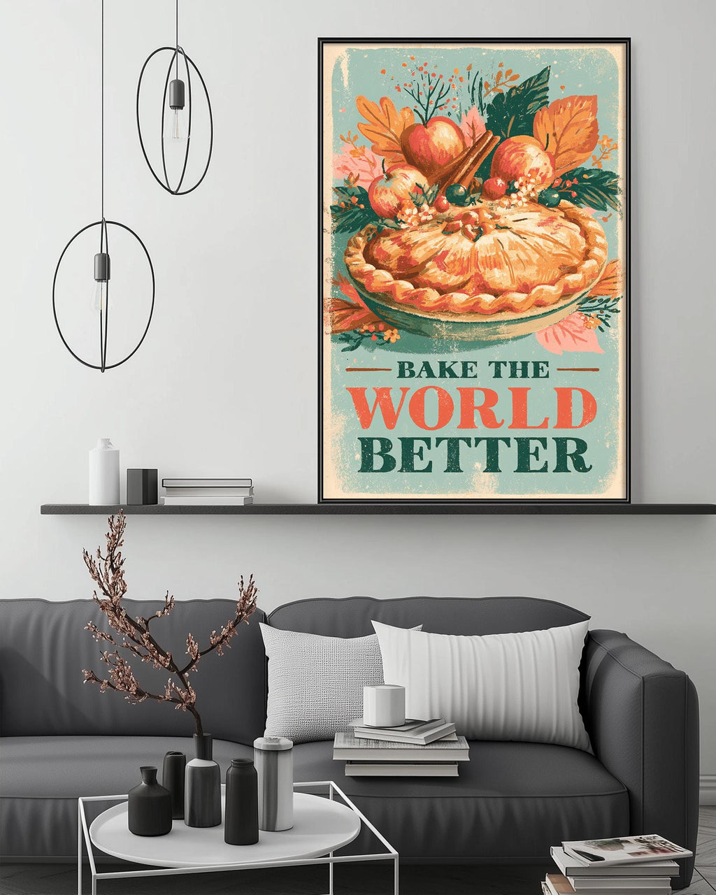 a cozy living room with a gray couch, a coffee table, and a framed poster on the wall that says "Bake the World Better".